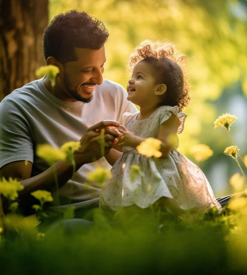A father and daughter among yellow flowers