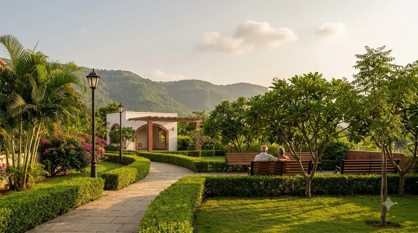 Landscaped garden with hedges, benches and lamp posts (artist's impression)